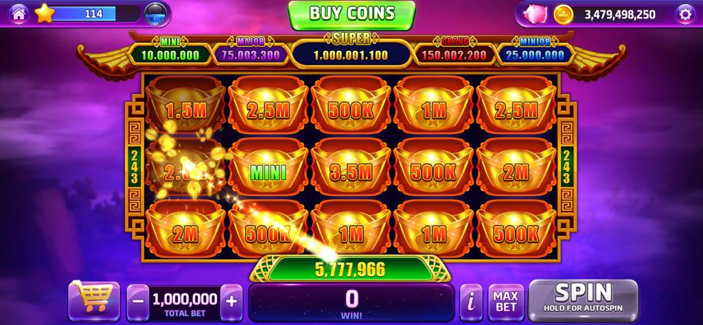 Cash Royal Casino - Captura de pantalla del juego de tragamonedas de Cash Royal Casino con lingotes de oro y botes de varios millones de monedas.