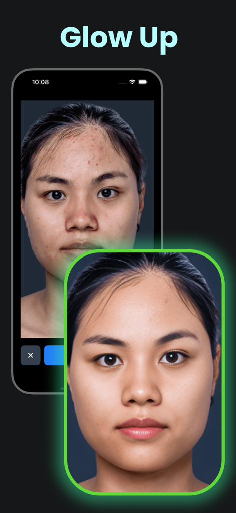 Photo Quality Enhancer FaceFix - A before and after comparison of a womans face showing AI skin smoothing and acne removal