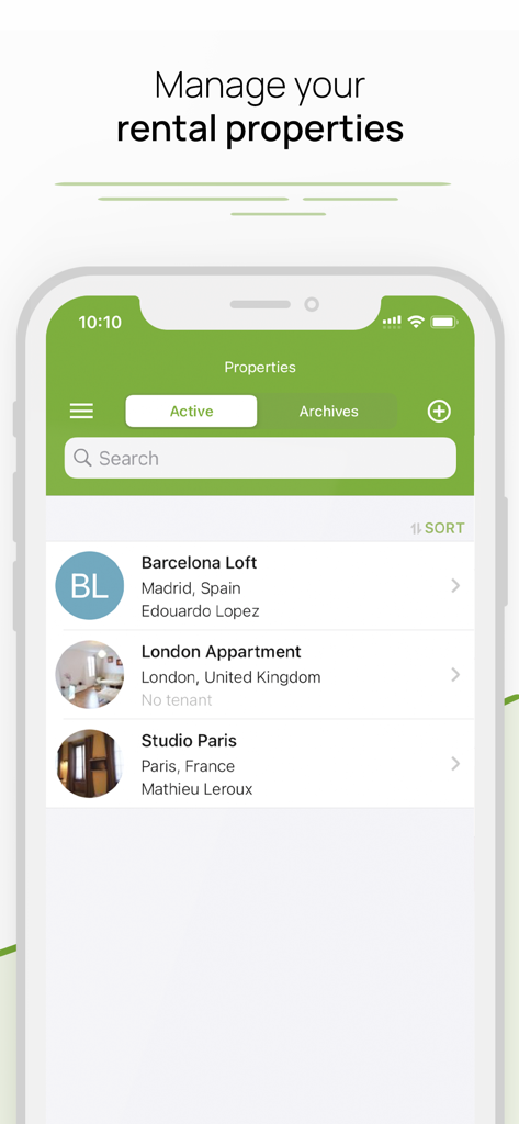 Rentila mobile app interface showing a list of active rental properties in different cities