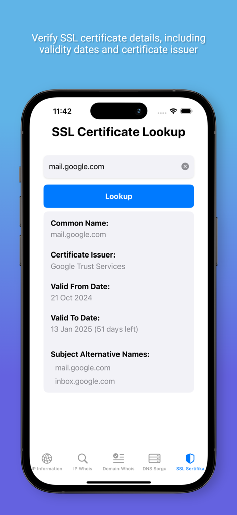 Whois Master - Whois Master app interface showing SSL certificate lookup details including issuer and validity dates for a domain