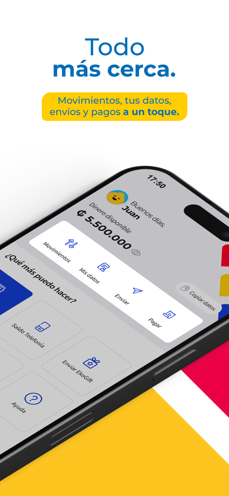 Eko Paraguay - Panel de la aplicación Eko Paraguay en un smartphone mostrando el saldo disponible e iconos de acceso rápido para movimientos, envío de dinero y realización de pagos.