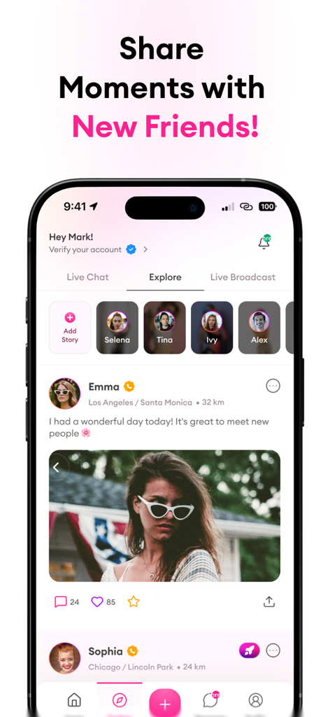 Amore: Video Chat, Meet, Flirt - Écran d'exploration de l'application Amore montrant les publications et les stories des utilisateurs pour partager des moments
