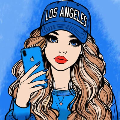 realistic beautiful girl wearing los ángeles cap holding an iphone