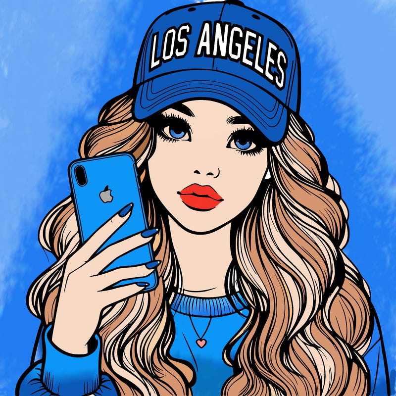 realistic beautiful girl wearing los ángeles cap holding an iphone
