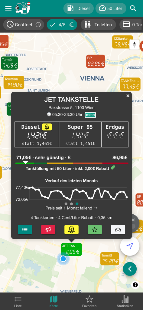 Vista de mapa de gasolineras en Viena mostrando detalles de precios y tendencias de costes de combustible