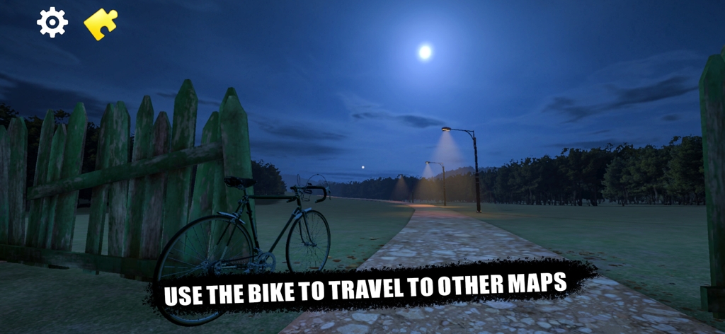 Taco Loco: Horror Game - A bicycle in a moonlit night scene from the game Taco Loco with text explaining its use for map travel