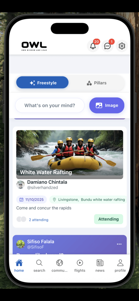 OWL Platform - Tela inicial do aplicativo de rede social Plataforma OWL mostrando postagens de usuários e navegação