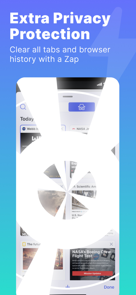 Startpageプライベートブラウザアプリのインターフェース。すべてのタブと閲覧履歴をクリアするためのZap機能を強調表示しています。