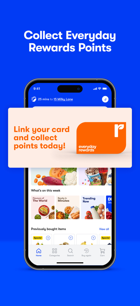 Screenshot of the MILKRUN mobile app showing the feature to link an Everyday Rewards card and collect points on grocery orders.