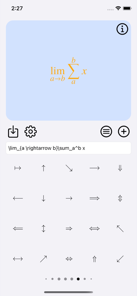 Latex Equation Editor - Interfaz del Editor de Ecuaciones LaTeX mostrando una fórmula y una cuadrícula de símbolos