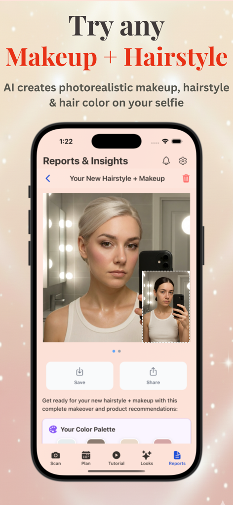 Makeup Check AI - AI Makeup - Transformación de maquillaje y peinado generada por IA en una selfie en la interfaz de la aplicación Makeup Check AI