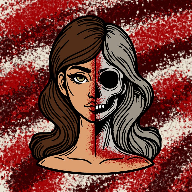 bust of a woman, half face and hair, half skull