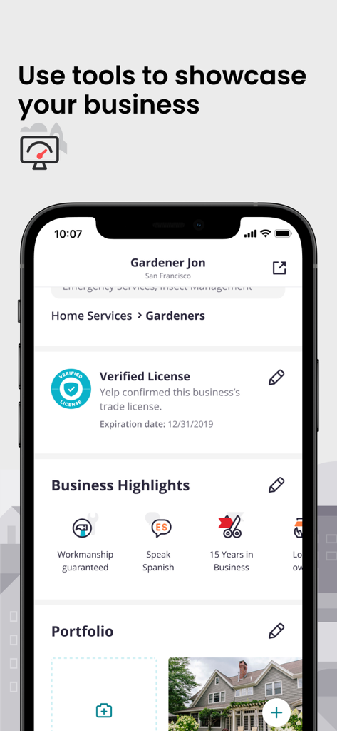 Yelp for Business app screen displaying business highlights and verified license information