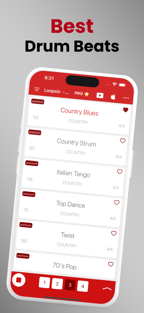Loopsic - Best Drum Loops - Tela do smartphone mostrando a interface do aplicativo Loopsic com uma lista de batidas de bateria profissionais, incluindo Country Blues e Tango Italiano, com configurações de tempo.