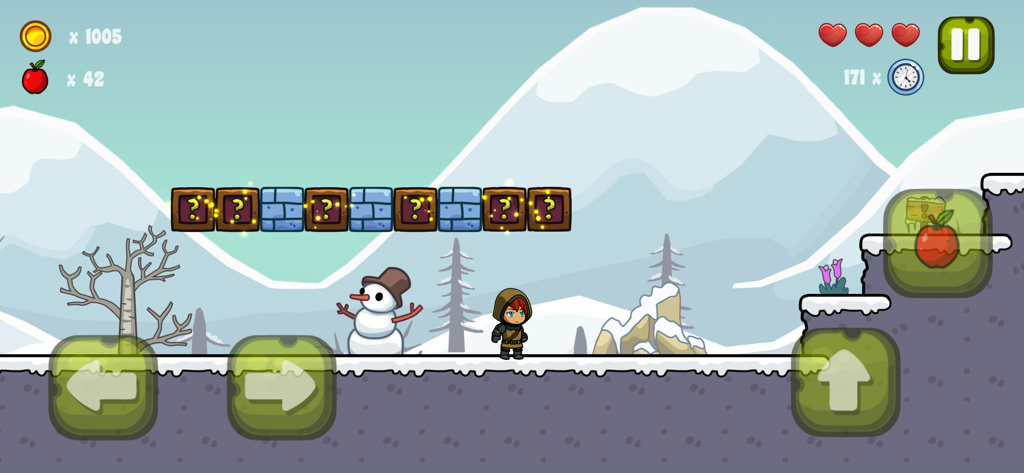 Nipo's World - Um personagem com traje encapuzado navega por um nível de montanha nevada no jogo de plataforma Nipo's World