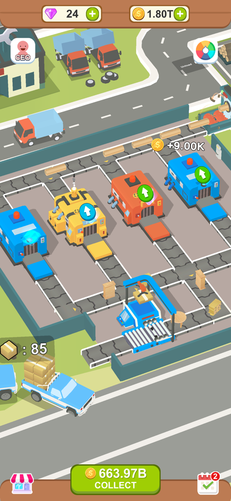 Aquatic Logging Factory - Top down view of an industrial wood processing factory with colorful machines and conveyor belts.