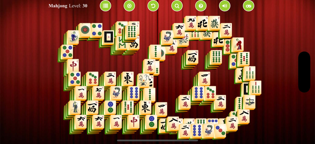 Mahjong Solitaire* - Diseño de fichas clásico de Mahjong Solitario en el nivel 30 con un fondo de cortina roja