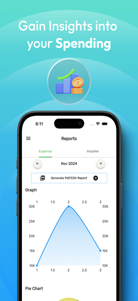 Money Manager - Budget & Track - Pantalla de la aplicación móvil que muestra un informe de gastos mensual con un gráfico de línea y estadísticas de gastos