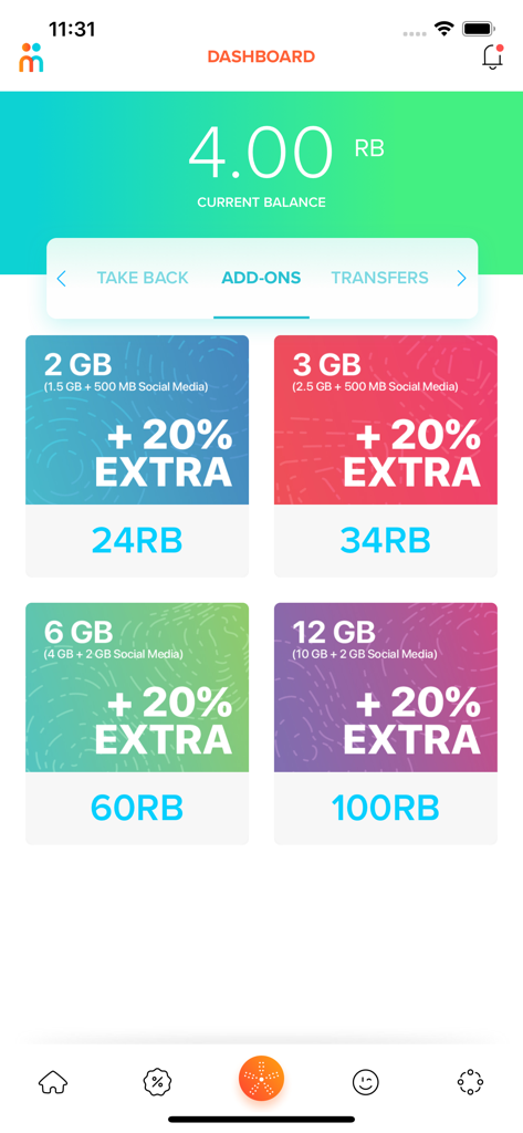 Mamen app dashboard displaying mobile data add-on options with extra bonuses and current RB balance