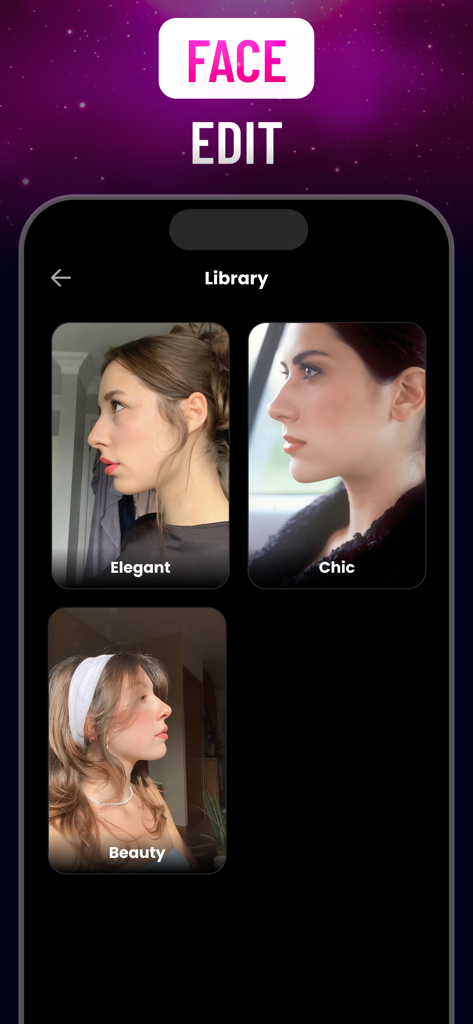 Nose Editor & Retouch: Nosefix - Nosefix app interface displaying a library of different nose and face edit styles