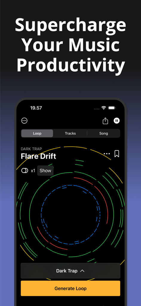 Songen: Instant MIDI Generator - A screenshot of the Songen app interface showing a Dark Trap MIDI loop generator with a circular track visualization.