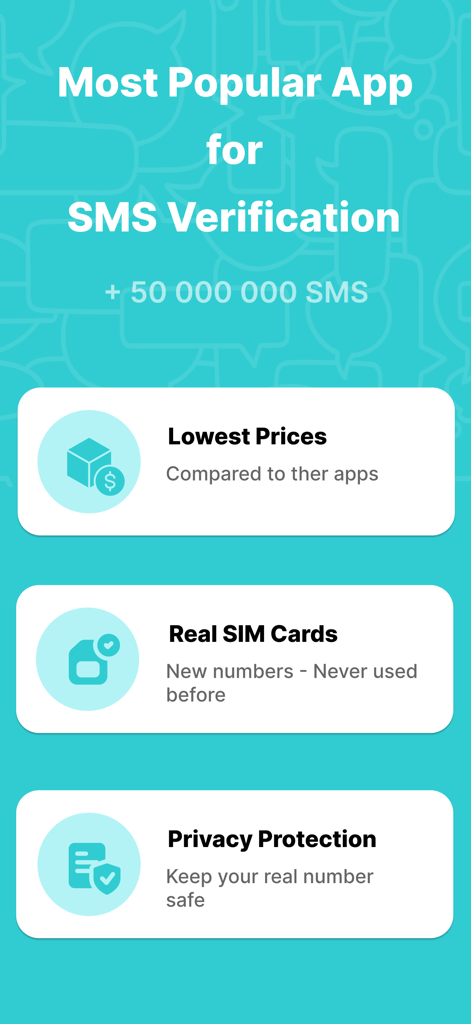 SimCode app features showcasing low prices, real SIM cards, and privacy protection for SMS verification.