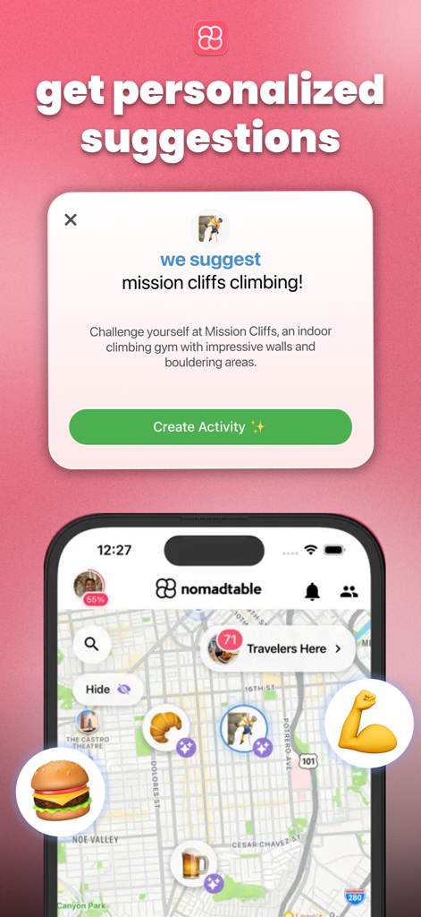 Nomadtable mobile app interface showing a climbing suggestion and nearby activities on a city map for solo travelers.