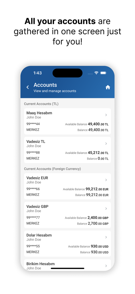 iktisatbank - Pantalla de la aplicación de banca móvil que muestra un resumen de múltiples cuentas en varias divisas, incluidas Lira Turca y Dólares Estadounidenses.
