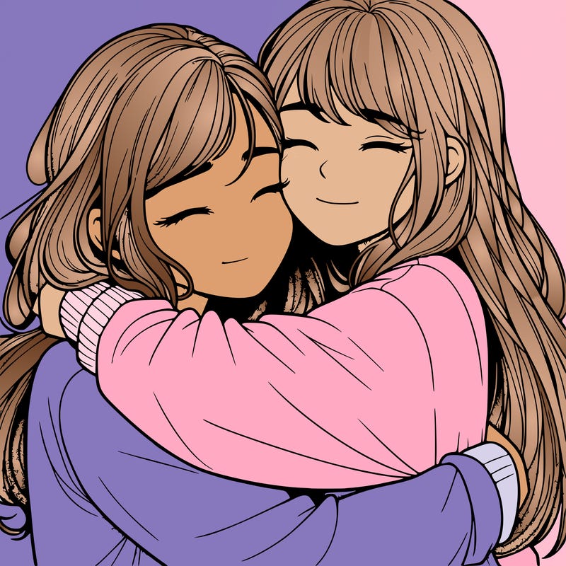 realistic two girls hugging