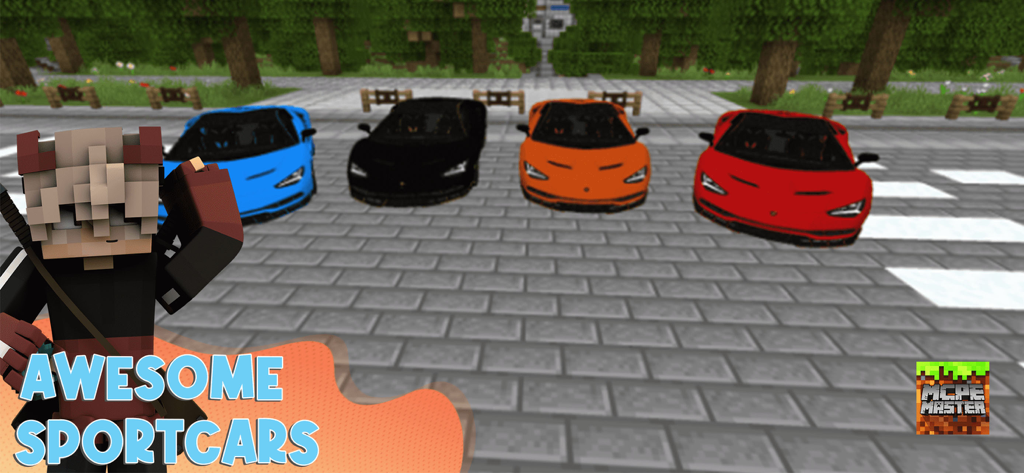 Mods for Minecraft PE - MCPE - Personaje de Minecraft PE de pie junto a cuatro autos deportivos coloridos en un entorno de juego modificado.