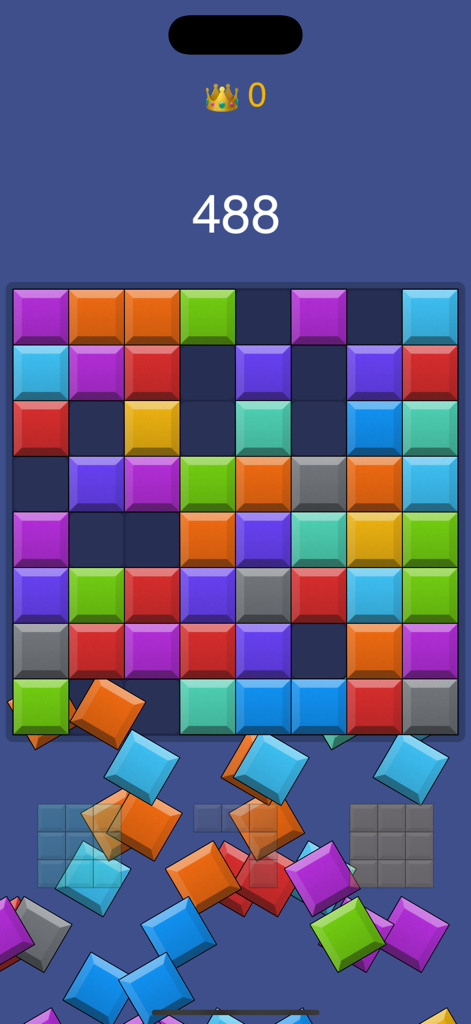 BlockFit for Watch Puzzle - Una colorida interfaz de juego de rompecabezas de bloques con una puntuación de 488 y una cuadrícula de cuadrados multicolores.