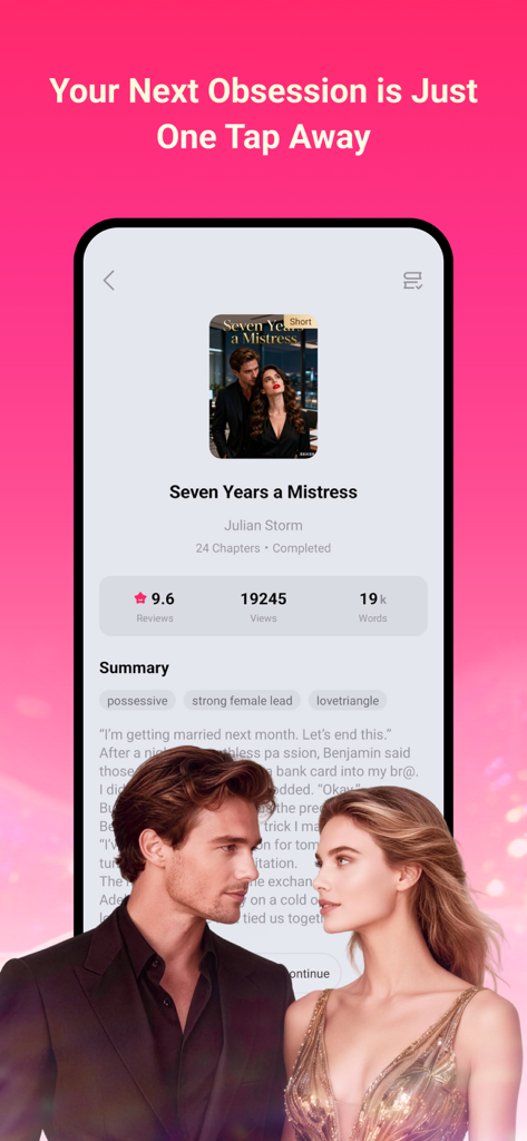 Fatednovel- Web novel & Story - A mobile app interface of Fatednovel displaying a romance book profile for Seven Years a Mistress with a romantic couple illustration.