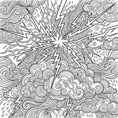 Experience the raw power of nature with this intricate Cracking Thunder adult coloring page. Dive into a world of dramatic lightning bolts and swirling storm clouds, designed to spark your creativity and offer mindful relaxation.