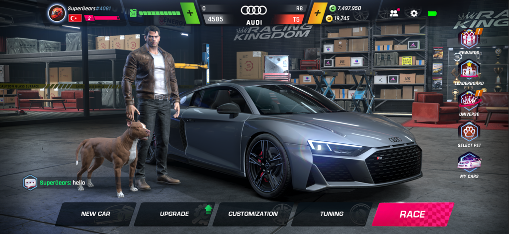 Racing Kingdom - Un personaje masculino y su perro junto a un Audi R8 gris en el menú del garaje de Racing Kingdom.
