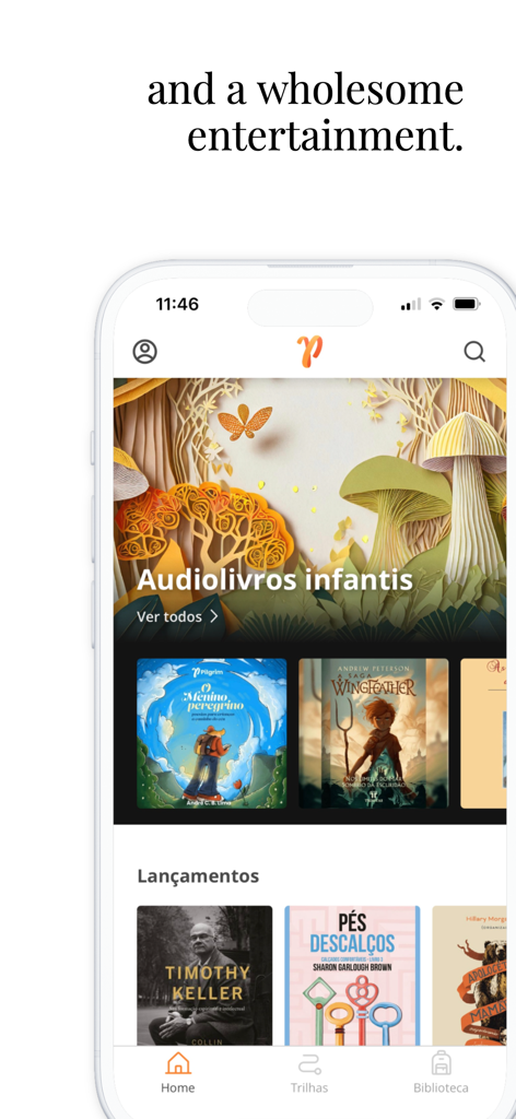Pilgrim: audiobooks and ebooks - Pilgrim app interface showing children's audiobooks and new Christian book releases