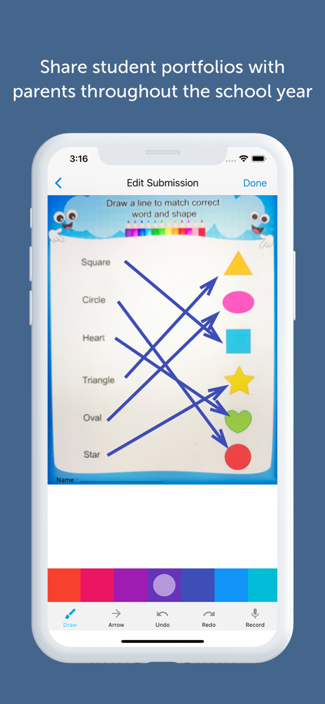 Bloomz app interface showing a student submission of a matching shapes exercise for their digital portfolio