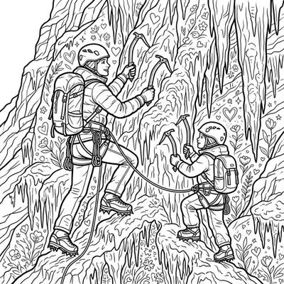 Embark on an exhilarating Mother's Day adventure with this unique ice climbers coloring page, perfect for celebrating bonds and bravery. Discover intricate details of a mother and child scaling icy peaks, surrounded by subtle symbols of love.