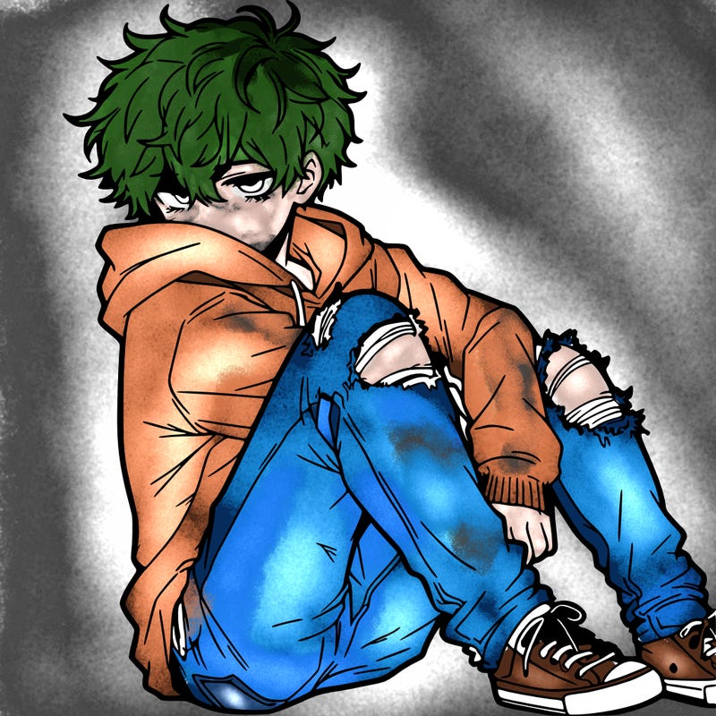 a male hoddie ripped jeans messy hair anime