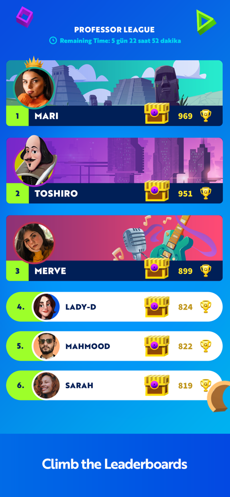 Quiz Crush: Trivia & Friends - Leaderboard screen of the Quiz Crush trivia app showing top ranked players in the Professor League