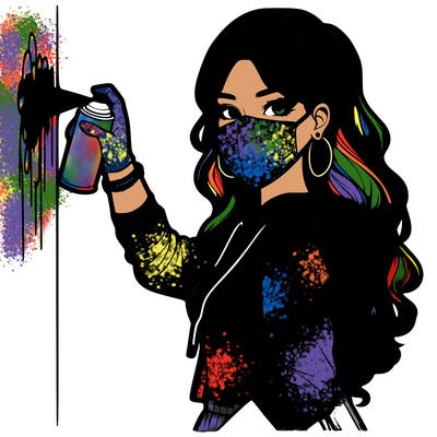 realistic girl with mask spray painting a wall