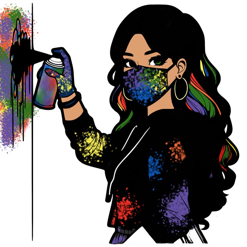 realistic girl with mask spray painting a wall