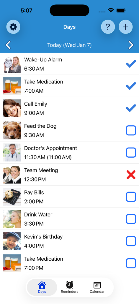 Daily schedule of tasks and medication reminders in the Reminder app