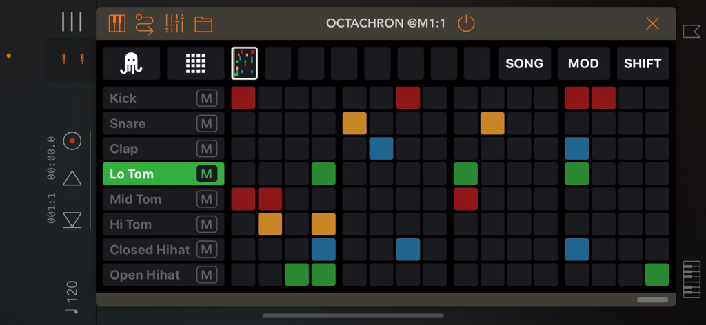 Step sequencer grid interface of the OCTACHRON MIDI Drum Sequencer mobile app