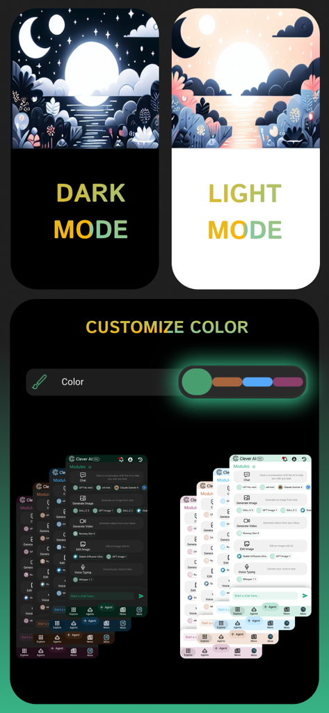 Clever AI Hub - Pro AI Agents - Clever AI Hub app interface showing dark mode light mode and color theme customization options