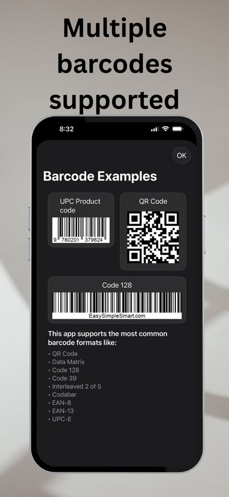 Scan And Paste - Captura de pantalla de la aplicación Scan And Paste que muestra una lista de formatos de códigos de barras y QR compatibles