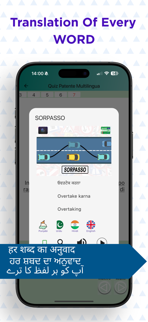 Quiz Patente Multilingua 2026 - Interfaz de la aplicación móvil que muestra traducciones del término italiano de conducción SORPASSO al punjabi, urdu, hindi e inglés