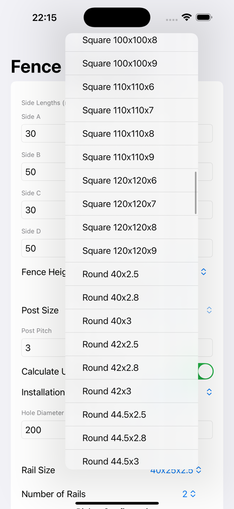 Screenshot of FencePro app showing a dropdown menu with various square and round fence post dimensions for project planning