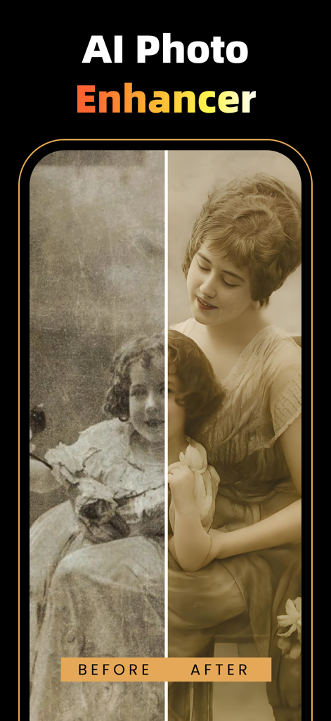 Before and after comparison of an old family photo restored using AI technology