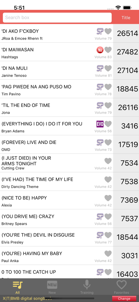 The Platinum Karaoke app interface showing a list of songs with their titles, artists, and song codes for digital search.