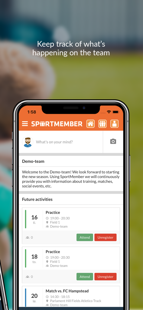 SportMember app interface showing upcoming team practices and matches with attendance options